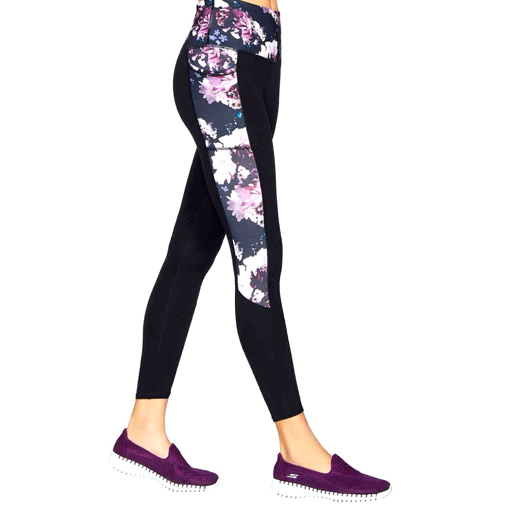 Skechers GOwalk 7/8 leggings Black/lavender floral High Waisted  Small LIKE NEW